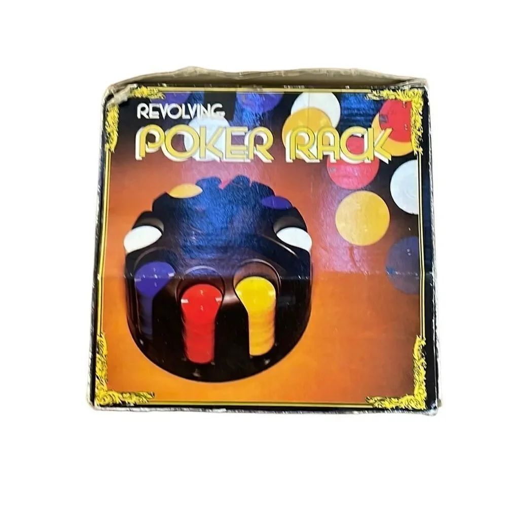 Vintage Rotating Poker Rack with chips and two Tropicana card decks